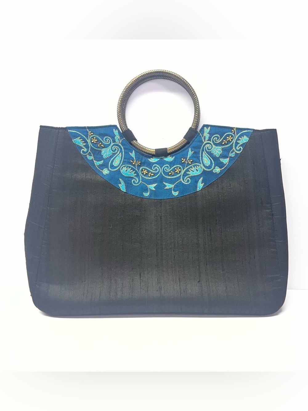 Fabindia Black/Blue Floral Paisley
Embroidered Top Round Handle Bag